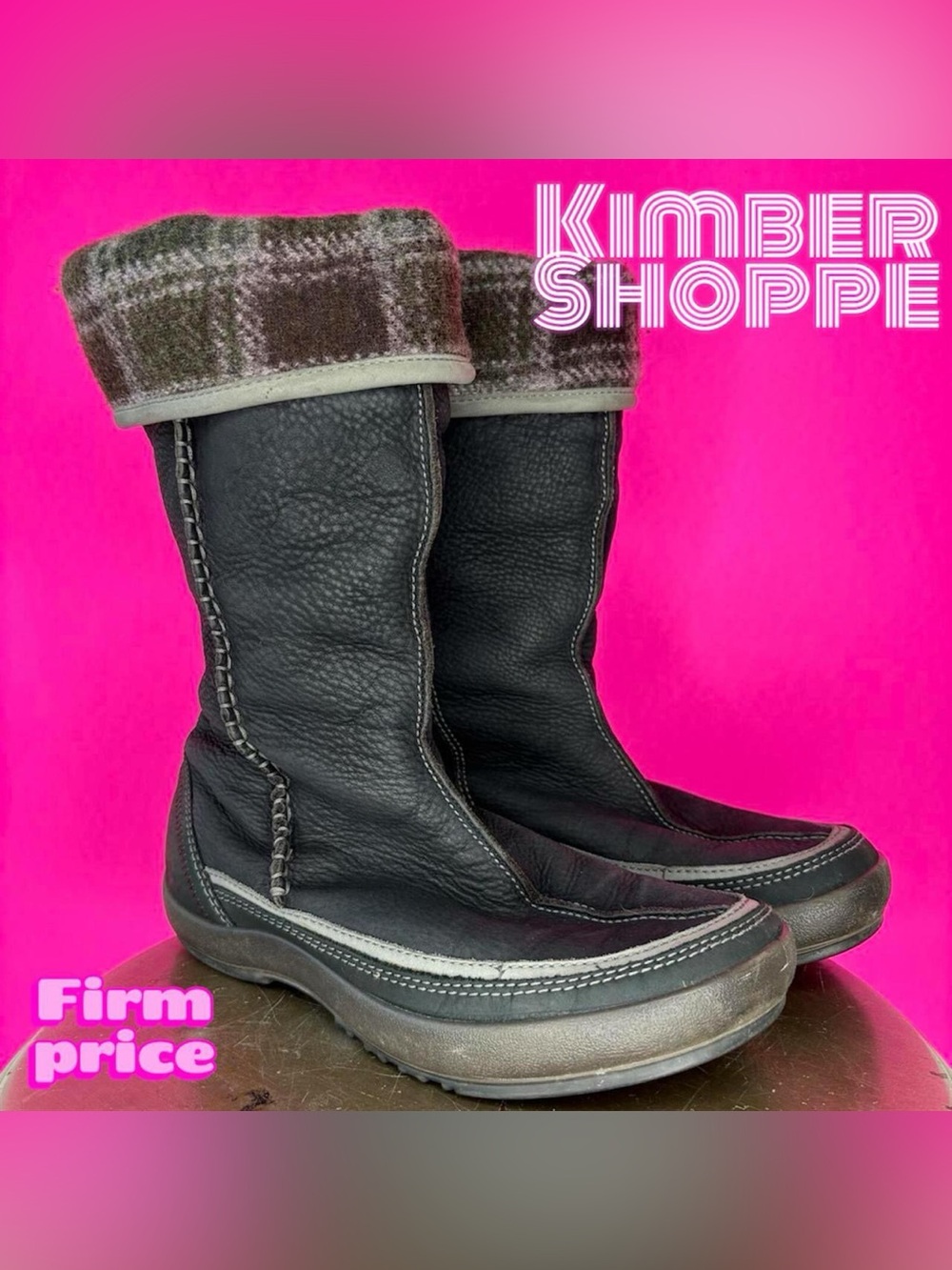 Ecco Black Leather Plaid Cuff Fleece Lined Winter Boot EU 37 US 6-6.5 UK 4-4.5